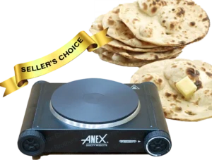 Anex AG-2061 Hot Plate with Roti Cooking – Demonstrating its versatility for making chapati and other flatbreads, featuring auto shut-off, pilot lamp, and heavy-duty wiring for safety.