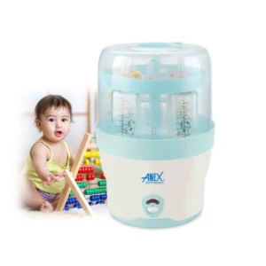 Anex Milk Warmer with a baby playing in the background, emphasizing its family-friendly design.