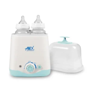 A close-up of the Anex AG-733EX Deluxe Bottle Warmer and Sterilizer, highlighting the dual-bottle setup and the protective lid, emphasizing its functionality.