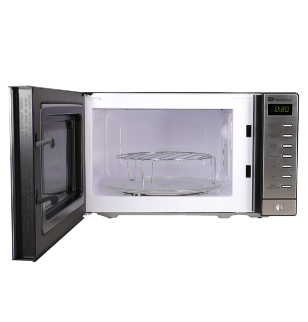 Open Dawlance Microwave Oven DW-297 showcasing interior with grill rack and turntable.