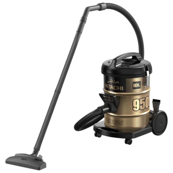 CV-950F (Black-Gold) with Extension Wand – A powerful 2100W vacuum cleaner with an 18L drum capacity, featuring a long hose and a solid floor nozzle.